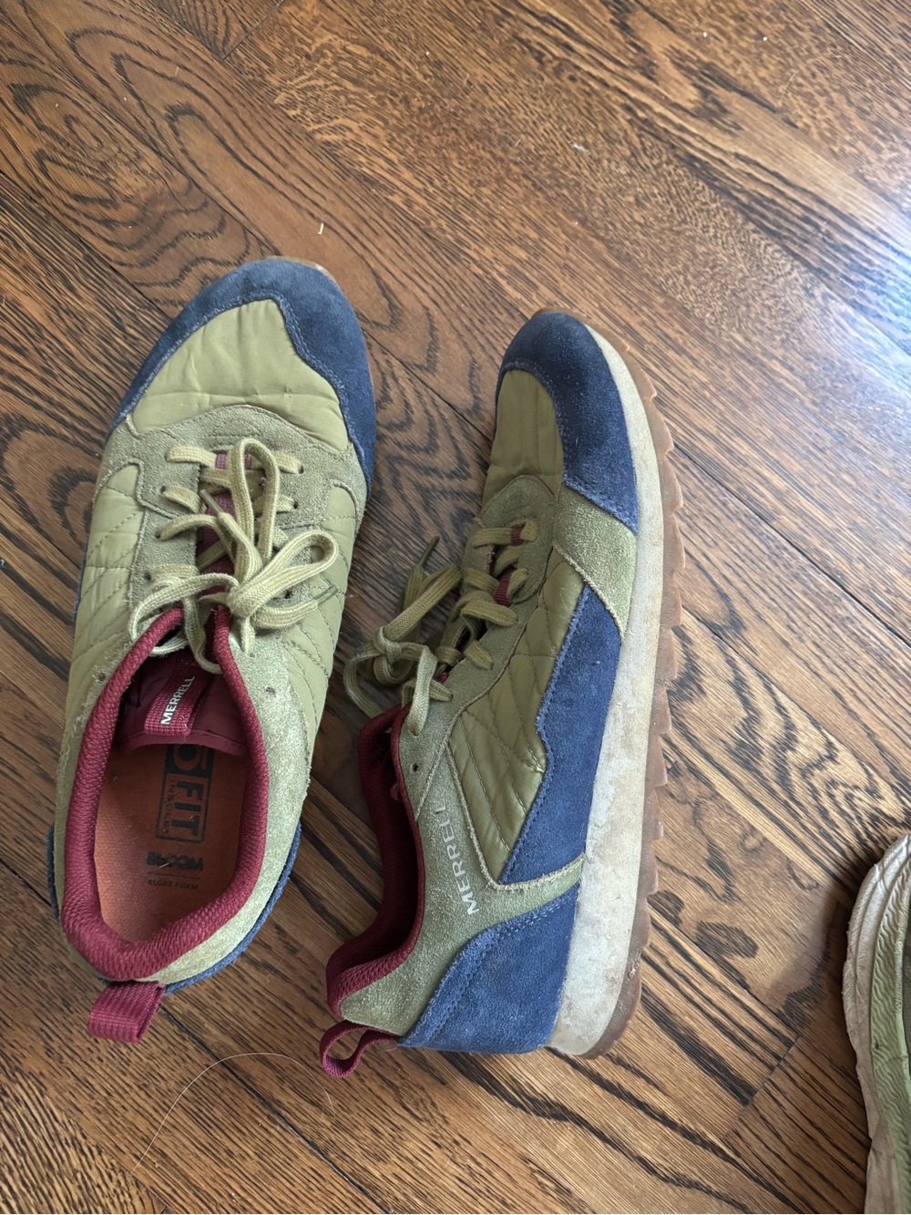 Merrell Olive Green and Navy Low-Top Trail Sneakers with Burgundy Accents